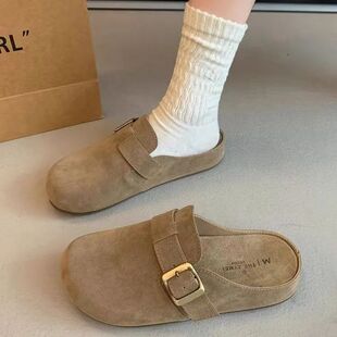 《舒适脚感》软皮勃肯懒人女外2026新款一脚蹬博肯包头厚底拖鞋款