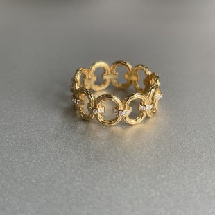 环环相扣 S925纯银镀金镂空椭圆镶钻锆石戒指环时髦精致高级质感
