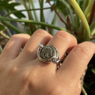 力量加成。古希腊硬币女神头像金银撞色戒指环复古高级设计感开口