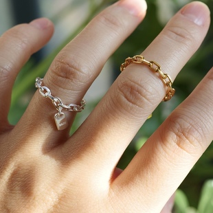经典 S925纯银镀金简约链条小吊坠设计感戒指高级百搭叠戴 造型