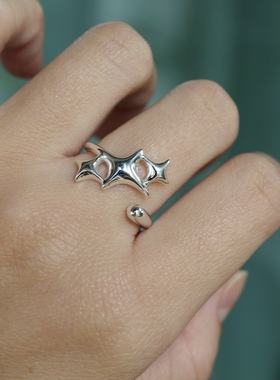 明亮的星。通体S925纯银简约镂空四芒星设计戒指环开口可调时髦