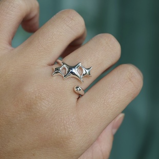 明亮 通体S925纯银简约镂空四芒星设计戒指环开口可调时髦 星