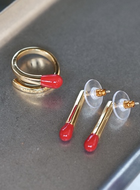 明亮火柴。金红撞色黄铜镀金滴釉可爱戒指耳钉925银针小众设计