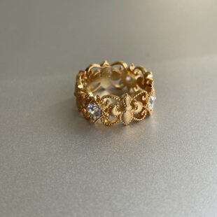 典雅鸢尾。S925纯银镀金意大利拉丝工艺锆石镂空宫廷风戒指精致