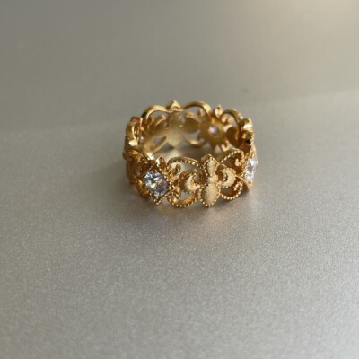 典雅鸢尾。S925纯银镀金意大利拉丝工艺锆石镂空宫廷风戒指精致