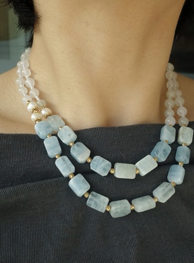 晴空裁剪师。清新蓝色天河石珍珠水晶串珠双层项链时髦高级气质