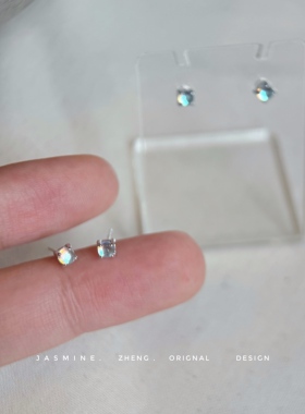 纯银 米粒月光石 很小很亮小众设计耳钉冷淡风养耳洞耳环精致超闪