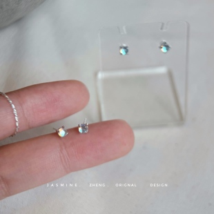 纯银 很小很亮小众设计耳钉冷淡风养耳洞耳环精致超闪 米粒月光石
