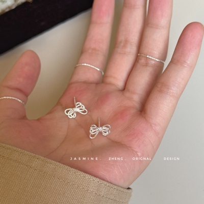 S925纯银不规则绳结蝴蝶结耳钉