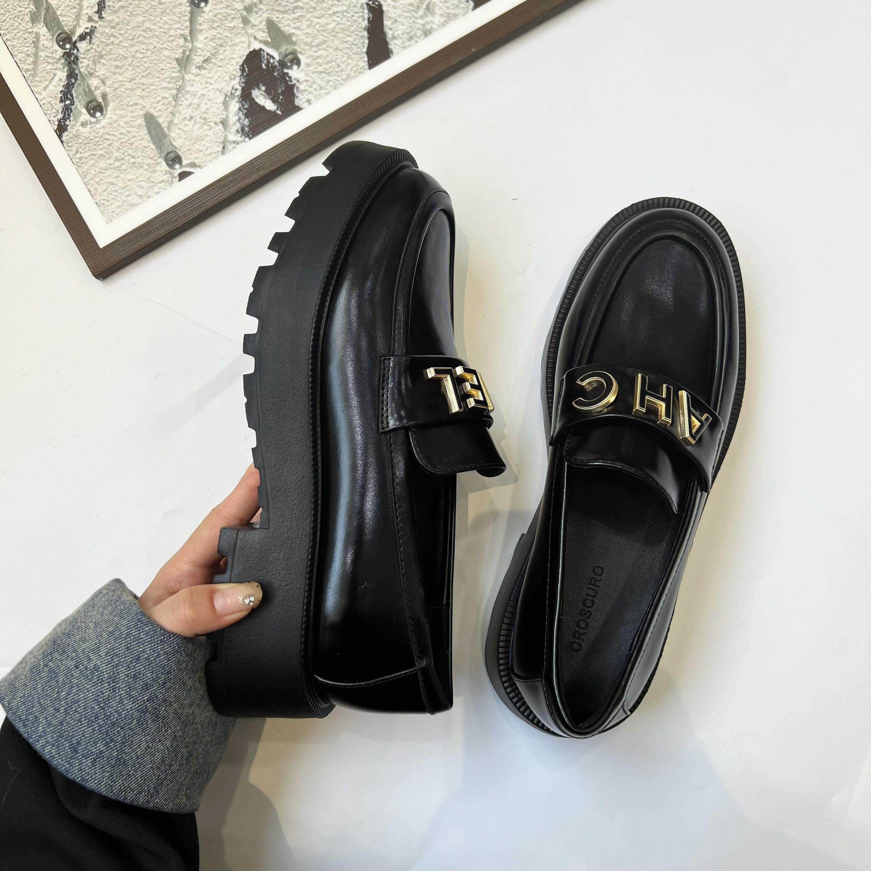 字母小香风真皮厚底乐福鞋女英伦风小皮鞋一脚蹬单鞋黑色百搭女鞋,女鞋,乐福鞋（豆豆鞋）,淘宝优惠券,粉丝福利购,淘宝优惠卷