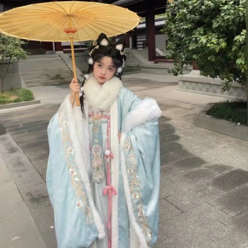 202 新款秋冬改良版唐制汉服加绒毛边外大袖衫齐胸裙诃子裙套装