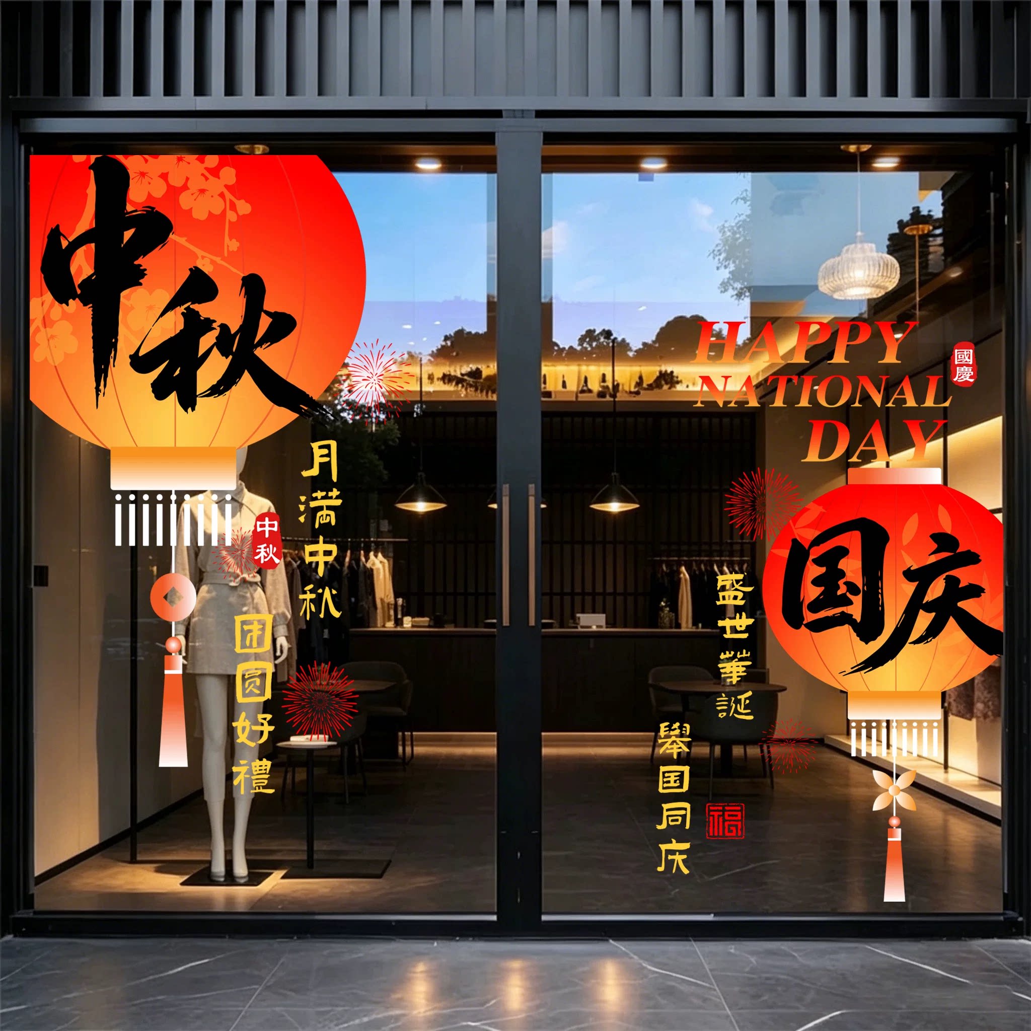 中秋国庆节玻璃贴纸氛围布置橱窗装饰商场店铺窗花静电贴装饰场景