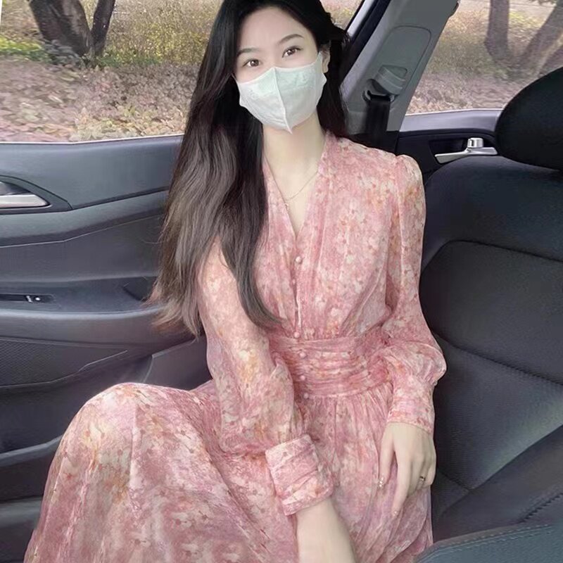欧洲站2025春季款法式温柔风收腰长裙气质超仙女粉色碎花洋装女