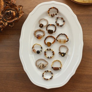 诧寂风颓废风玛瑙虎眼石木珠天然石戒指原创手作指环串珠戒指