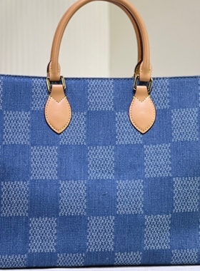 新品蓝色牛仔布格子手提包单肩购物袋帆布手袋bag handbag