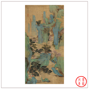 1:1清 吕焕成 春山听阮图 古代名画青绿山水图立轴挂画装饰画画稿