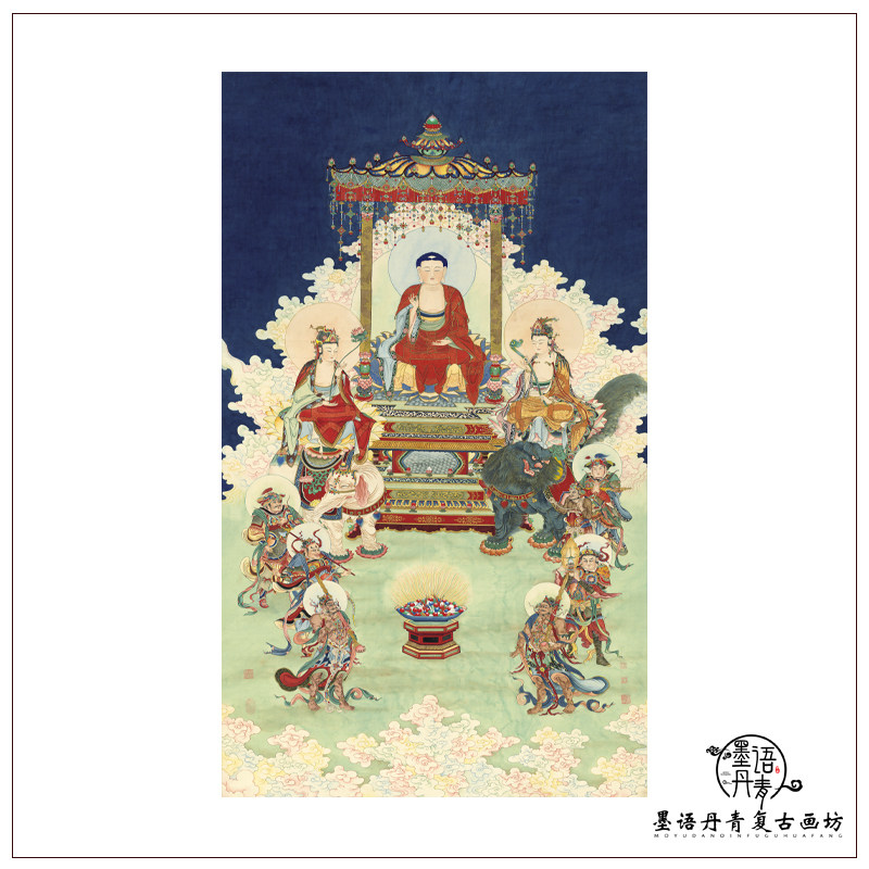 近代夏荆山 华严三圣 文殊 普贤菩萨 工笔佛像菩萨像高清微喷复制
