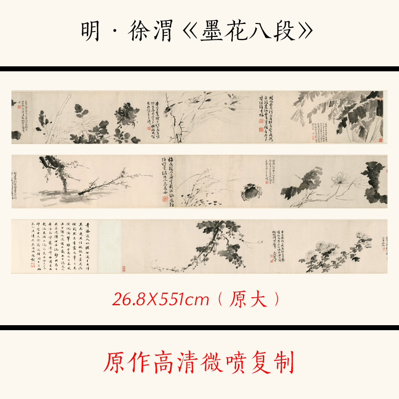 1:1明徐渭《墨花八段》水墨写意花鸟古代名画高清微喷复制装饰画