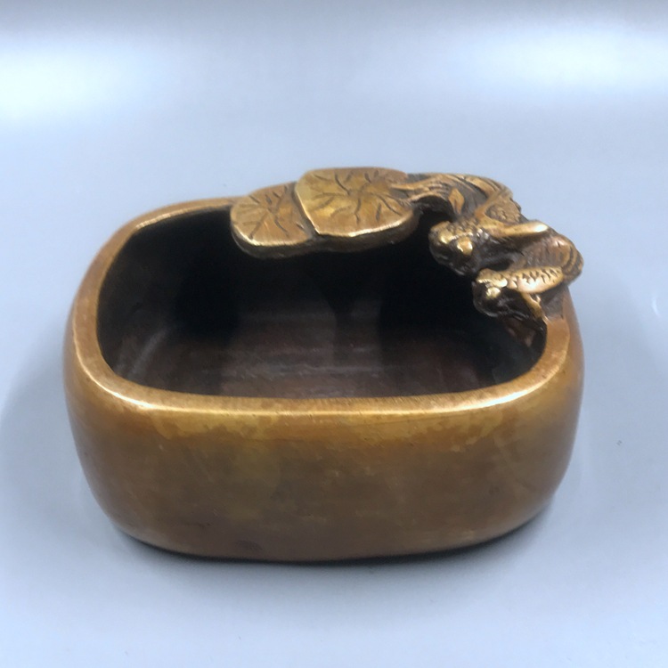 供应古玩仿古 纯铜烟灰缸砚台文房四宝家居装饰摆件 方形两鱼笔洗