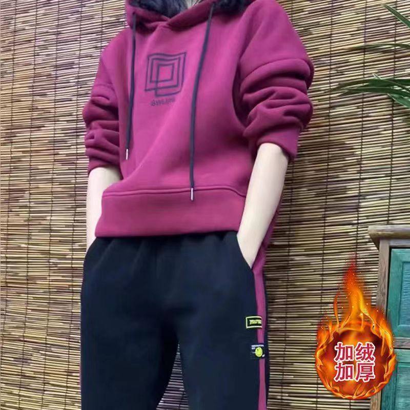 冬季2025加绒加厚卫衣套装女士新款宽松显瘦时尚洋气运动服两件套,女装/女士精品,时尚套装,淘宝优惠券,粉丝福利购,淘宝优惠卷