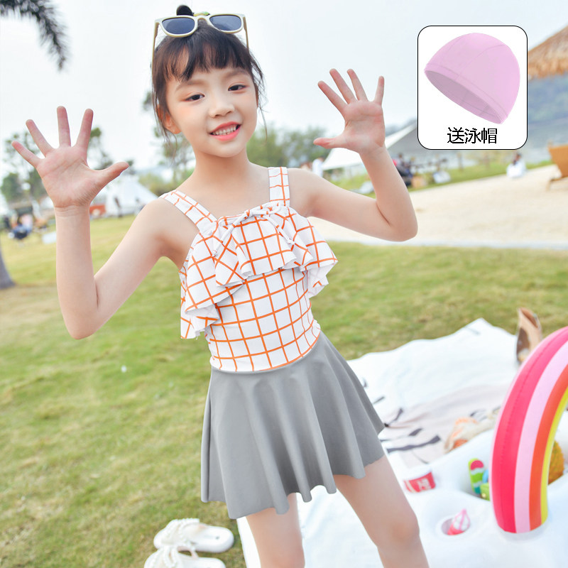 浩恋女童格子吊带短裙连体泳衣洋气网红中小童儿童女孩泳衣送泳帽