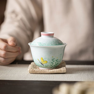 家用手抓茶碗功夫茶具陶瓷泡茶碗 釉下彩手绘芦苇二才盖碗茶杯中式