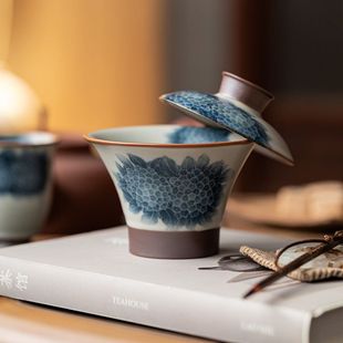 精致陶瓷单个高档泡茶器功夫茶具 皓澜汝窑二才盖碗家用茶碗中式