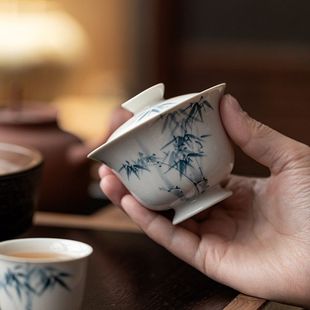 皓澜手绘蓝竹手工盖碗陶瓷单个手抓茶碗带盖家用功夫茶具泡茶器