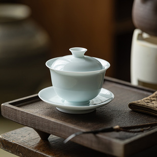 陶瓷不烫手三才盖碗单个家用泡茶碗简约功夫茶具敬喝茶碗 影青中式