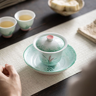 釉下彩手绘芦苇二才盖碗手抓壶单个家用陶瓷茶杯功夫茶具泡茶碗