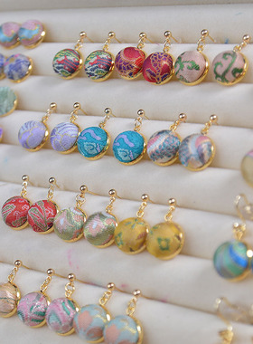 宋锦耳钉耳饰蜀锦12mm手工名家宋锦豆豆耳钉925银耳针蚊香盘耳夹