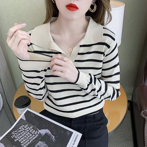 新款长袖条纹Polo针织衫女春秋季2025韩版百搭宽松V领上衣长袖t恤