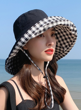 大格子女双面版遮脸太阳帽夏天出游韩沿搭渔夫遮阳系百搭大檐盆帽