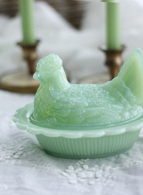 Retro中古美国mosser玉色奶玻璃鸡母鸡果盘糖果盘收纳盘复古礼物