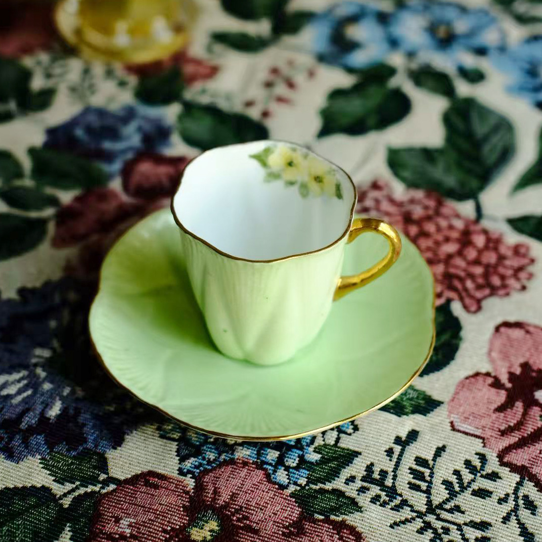 Retro中古英国产shelley雪莱精细骨瓷马卡龙绿色摩卡咖啡杯下午茶