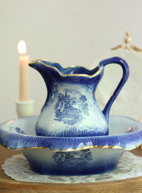 Retro中古英国蓝色风景图案浮雕大号水罐+花边托盆水罐花瓶花器