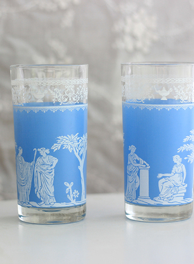 中古美国Jeannette蓝色印花玻璃杯希腊神话图案酒杯冷饮杯啤酒杯