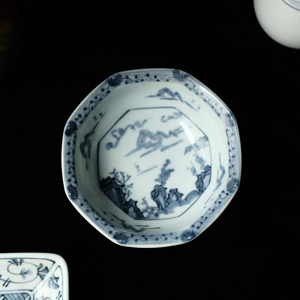 中古日本雪峰手绘青花六角小碗米饭碗甜品碗下午茶摄影礼物釉下彩