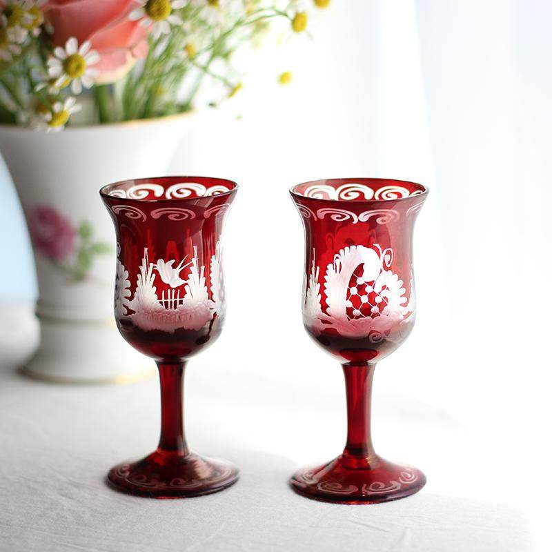 德国蚀刻浮雕红色玻璃杯酒杯结婚