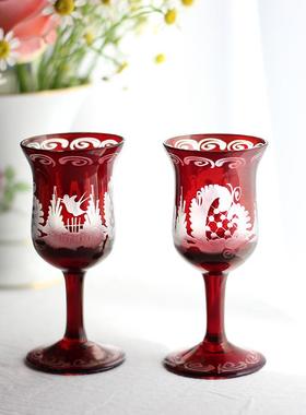 中古德国蚀刻浮雕图案红色水晶玻璃杯酒杯结婚对杯礼物复古高脚杯