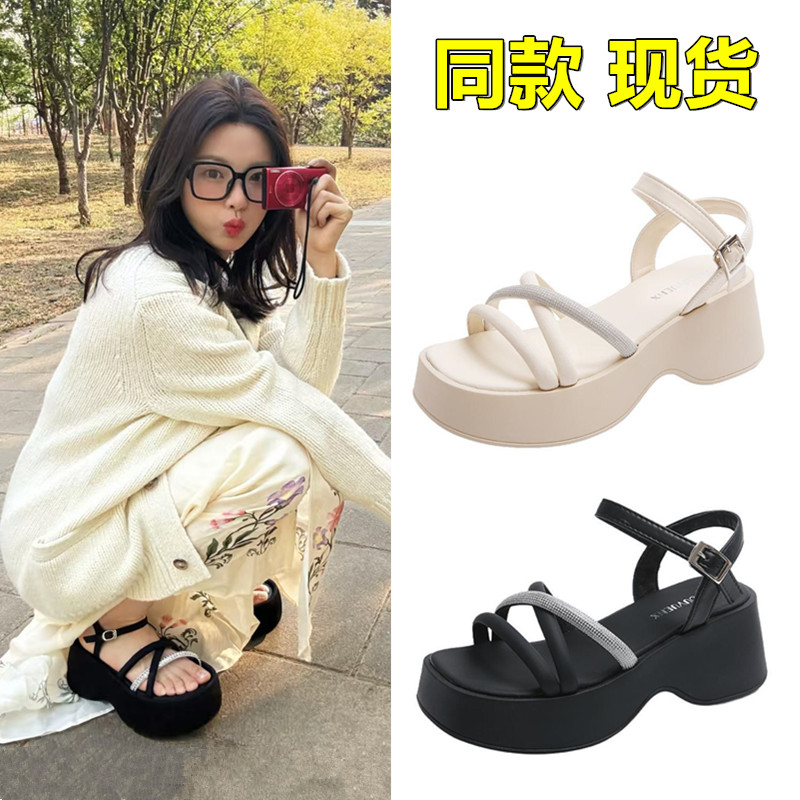 杨超越同款厚底凉鞋2025夏季仙女风增高罗马鞋一字带女凉鞋沙滩鞋