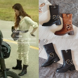 奔跑吧白鹿李小冉张予曦刘亦菲同款鞋皮带扣美拉德女靴子马丁短靴
