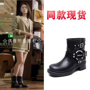 无可替代徐迟赵今麦同款靴子金属扣饰短靴透气粗跟女高跟鞋马丁靴