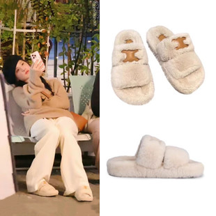 偷偷藏不住赵露思桑稚同款鞋厚底毛拖鞋女室内外穿平底增高棉拖鞋