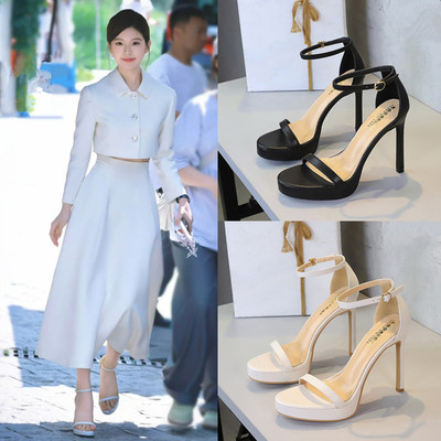 许我耀眼许妍赵露思同款一字带包跟细跟高跟凉鞋厚底防水台高跟鞋