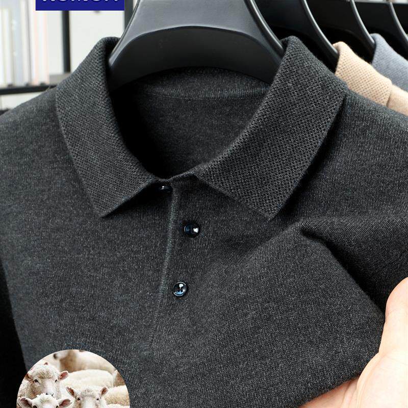 罗蒙冬季双股加厚100%羊毛中年男士保暖翻领针织衫纯色打底毛衣男