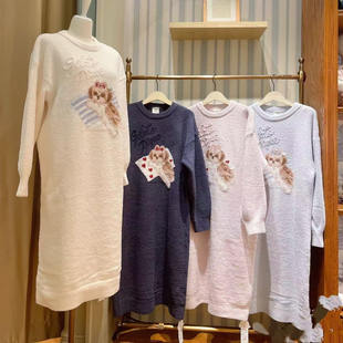 日系gp睡衣可爱西施犬半边绒女士长袖睡裙软绵绵秋冬加长款家居裙