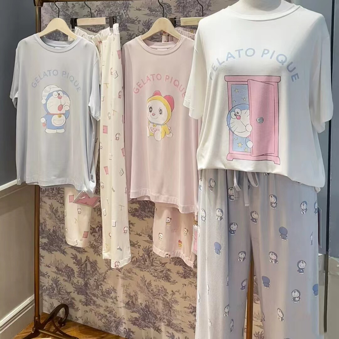 日系夏季新款哆啦A梦女款短袖长裤休闲舒适家居服睡衣可外穿套装