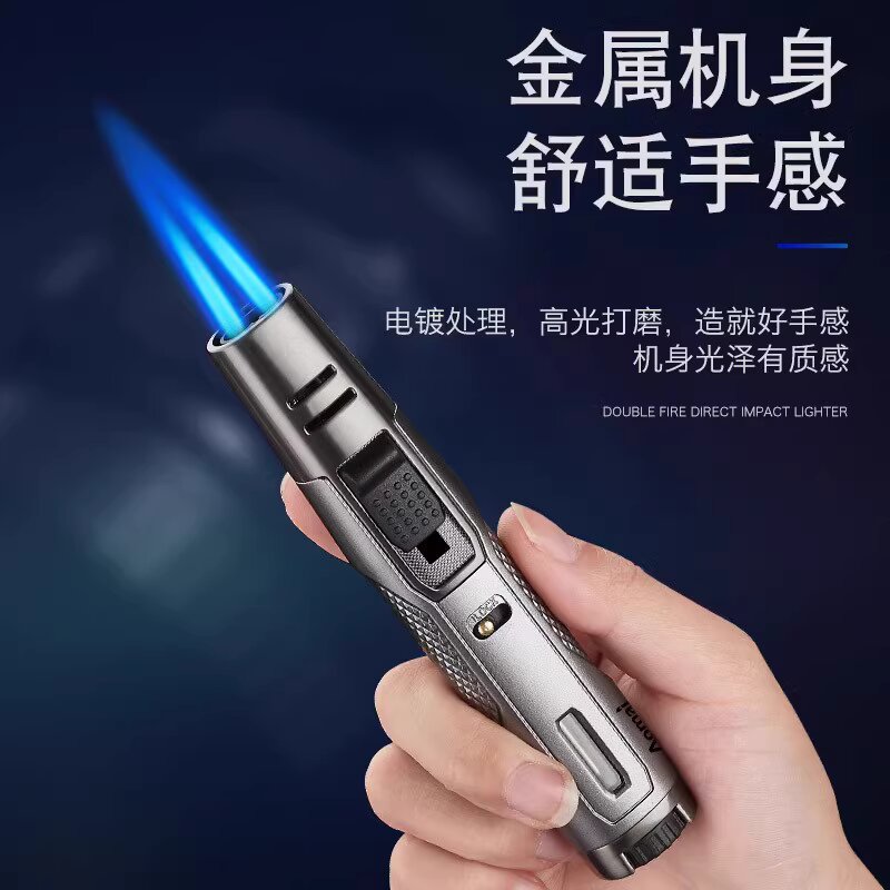 双火焰防风猛火打火机焊枪直充充气个性喷火枪烘培高温蓝焰点火器