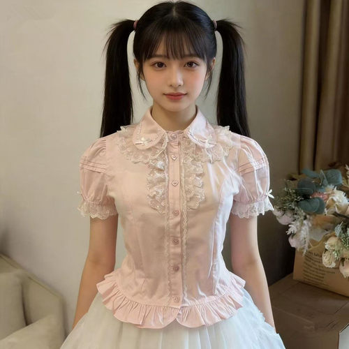 奶油炼奶Lolita内搭泡泡袖娃娃领中古蕾丝可爱软妹短袖洛丽塔衬衫